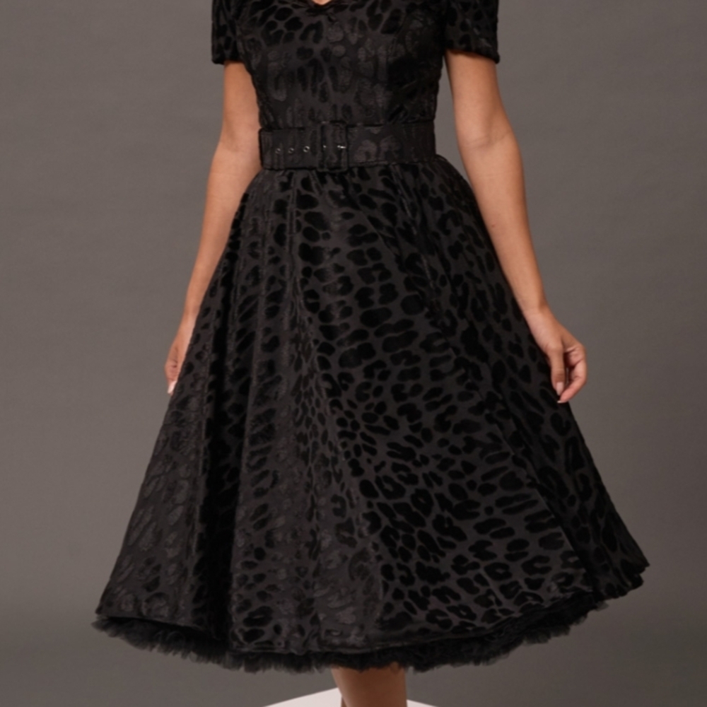 British Retro Black And Silver Lace Stretch Circle Skirt Cocktail Evening Dress - Picture 7 of 7